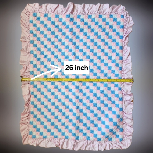 Vintage 80’s Handmade Baby Blanket Pink&Blue Checkered Satin Ruffle Trim 26"x34" - Picture 3 of 5